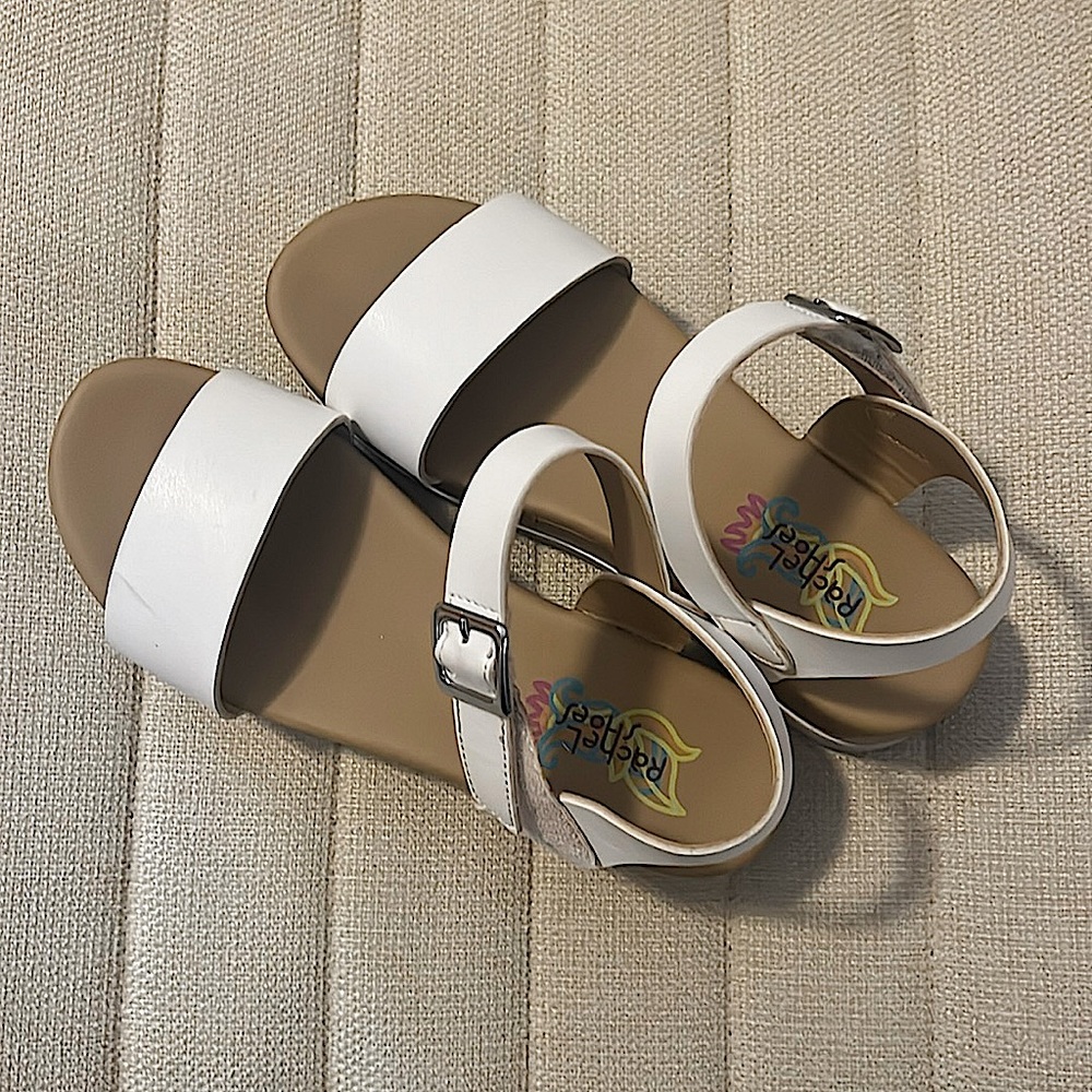White and tan sandals, Girls size 4 (could fit size 5) (more info in description